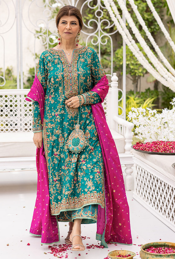 Farha Talib Aziz Wedding Festive Raw Silk Hand Embroidered Collection Unstitched  Avisa Emerald Kurta