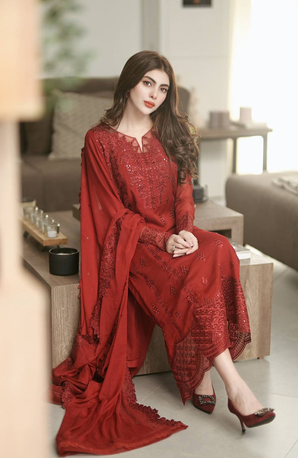 Ensembles By Azure Unstitched 3 Piece Collection 08-Crimson Glow VALENTINE RED