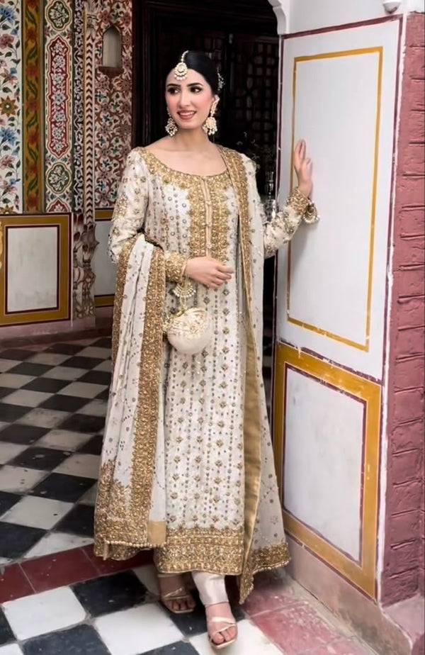 Haris Shakeel Bareeze Net Embroidered Hand Work Collection HS-23 IVORY